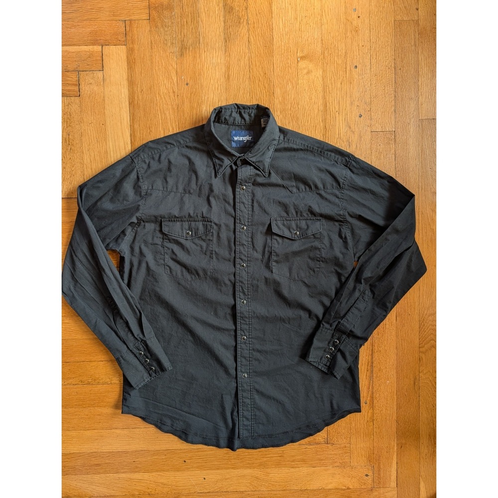 Wrangler‎ Mens Large Long Sleeve Pearl Snap Button Up Shirt Black Western Cowboy
